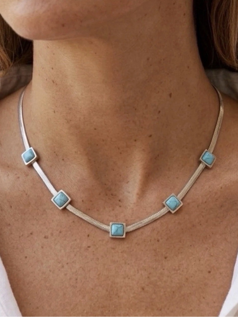 Silver Plated Square turquoise Snake necklace Stainless Steel womens jewelry